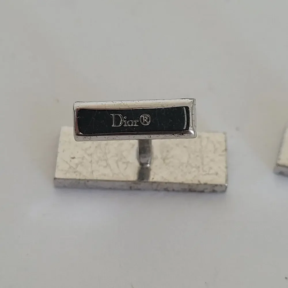Christian Dior Gold Tone Logo‎ Cufflinks Vintage Square Retro Designer Bullet